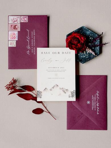 Aspen Colorado Save the Date with Mountain Scene in Grey and Burgundy Maroon