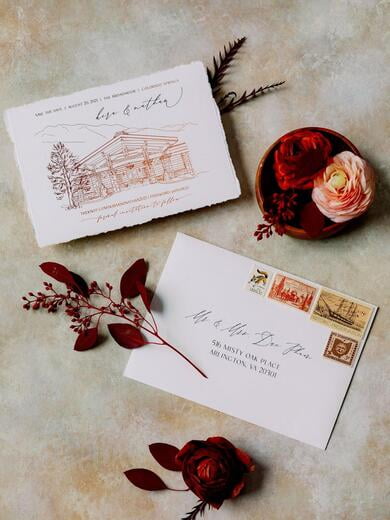 Copper Foil Save the Date with Custom Venue Sketch and Brown Envelope