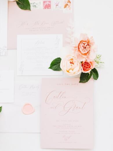 Romantic Floral Wedding Save the Date in Mauve & Blush on Peachy Pink Paper with Envelopes