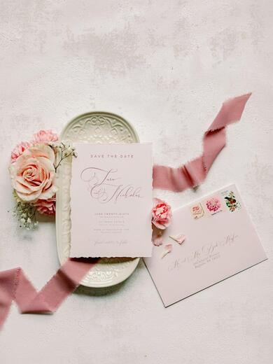 Modern Blush Pink Save the Date with Deckled Edges + Envelope and Guest Addressing