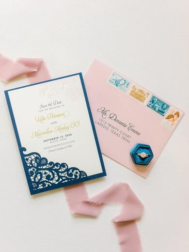Elegant Lace Laser Cut Wedding Save the Date in Navy Blue, Blush Pink and Gold