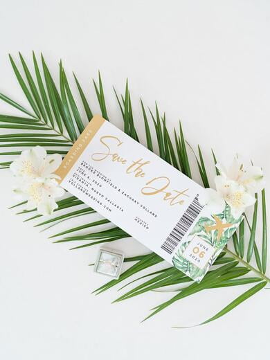 Travel Boarding Pass Save the Date for Destination Wedding with Tropical Palm Tree Leaves in Green and Gold with Perforated Side