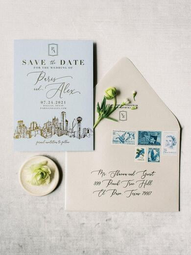 Gold Foil Save the Date with Custom Dallas Skyline Sketch Illustration on Pale Blue