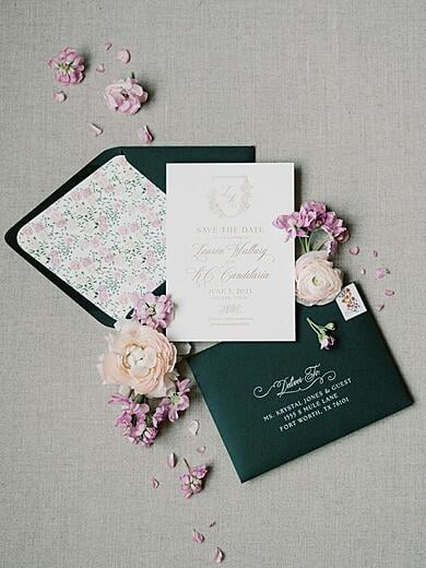 Gold Foil Stamped Save the Date with Floral Monogram Crest and Watercolor Envelope Liner in Blush, Lavender and Green