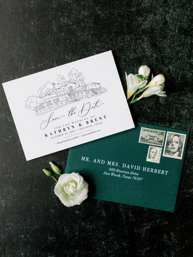 Modern & Simple Save the Date with Simple Sketch of Wedding Venue in Dark Green.psd