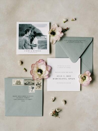 Modern Black and White Photo Save the Date with Sage Green Envelope