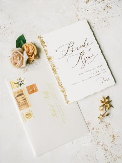 Modern Gold Foil Save the Date with Deckled Edges and Gilded Foil Flake Edge