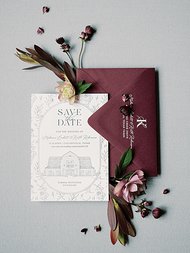 Navy and Burgundy Letterpress Save the Date with Custom Wedding Venue Illustration