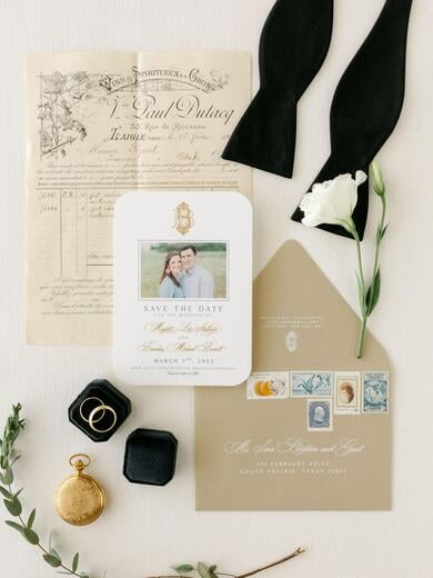 Photo Save The Date in Navy and Gold with Traditional Intertwined Monogram