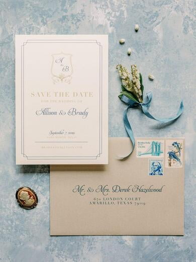 Save The Date in Navy and Gold with Traditional Crest Monogram