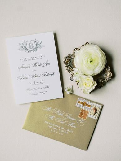 Save the Date with Custom Monogram Crest with Vintage Letter in Gold Foil