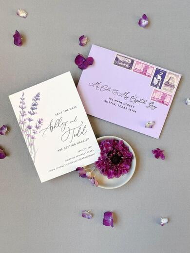 Simple Save the Date in Grey with Lavender Sprigs