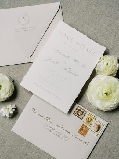 Taupe and Beige Deckled Edge Save the Date with Monogram Wreath