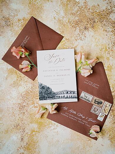 Terracotta Beige and Black Save the Date with Illustration of Couples Home
