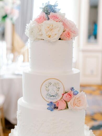 Blue Water Color Custom Monogram Crest on Wedding Cake