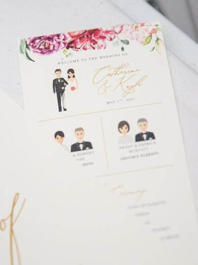 Blush Floral Wedding Program with Cartoon Wedding Party