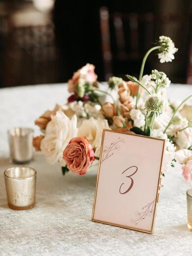 Blush and Dusty Rose Table Number with Line Drawn Floral