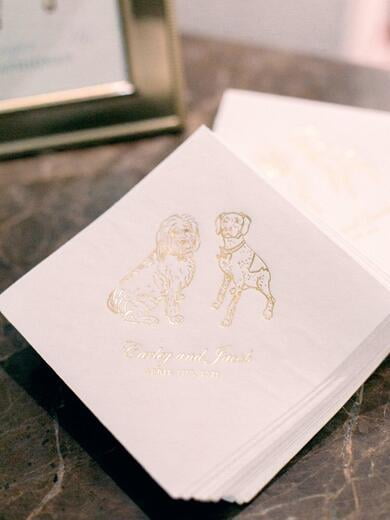 Cocktail Napkins with Custom Pet Illustrations in Gold Foil