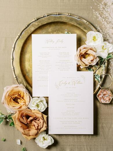 Cream and Gold Wedding Program with Line Drawn Floral