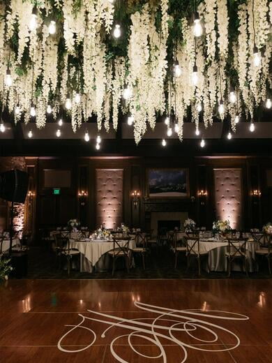 Custom Monogram on Dance Floor with Floral Drop from Ceiling