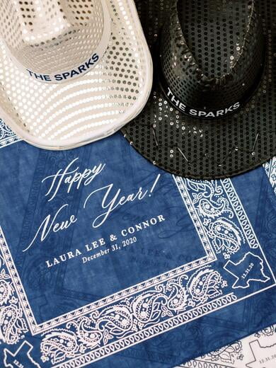 Custom New Years Eve Bandanas and Cowboy Hat Favors