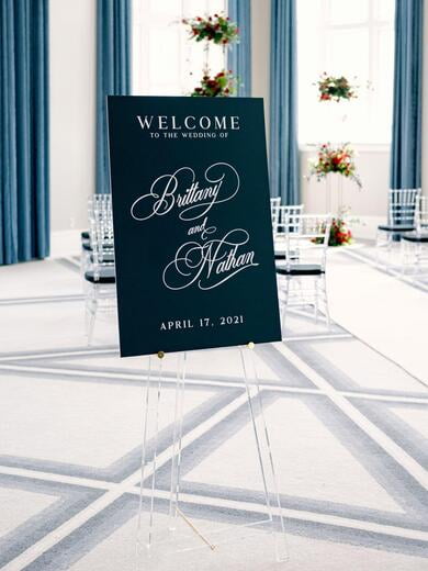 Modern Wedding Welcome Sign in Black on Clear Acrylic Easel