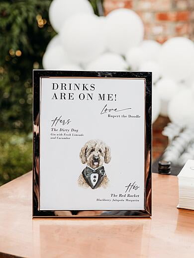 Pet Dog Illustration in Tuxedo Wedding Bar Sign