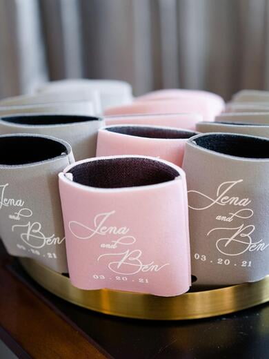 Simple Blush and Grey Beer Koozies with Bride and Groom and Wedding Date