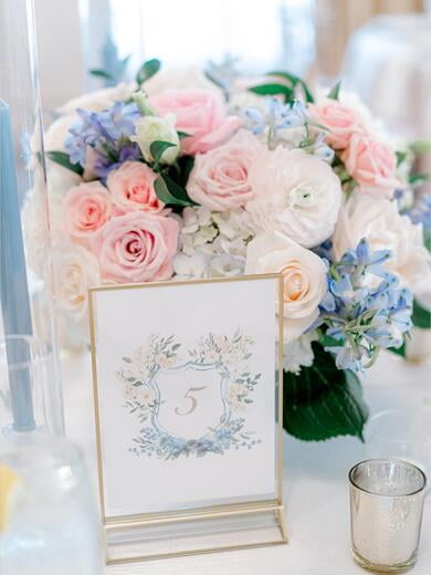 Table Number in Custom Blue Water Color Wedding Crest
