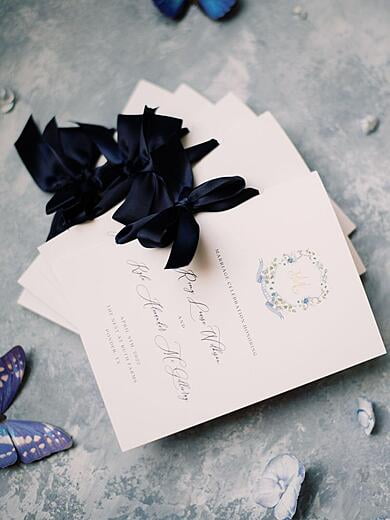 Wedding Programs with Navy Satin Ribbon and Custom Dusty Blue Water Color Wedding Monogram Crest