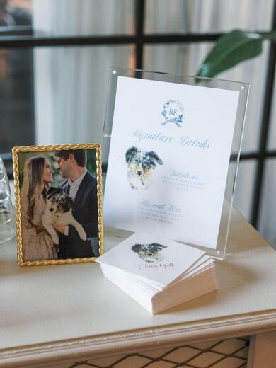 Wedding Signature Drink Sign with Shades of Blue and Ivory Water Color Monogram Wreath and Pet Dog Illustration