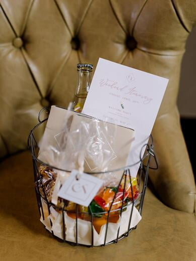 Wedding Weekend Welcome Itinerary Basket with Koozies and Tag