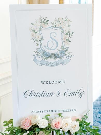Wedding Welcome Sign with Blue Water Color Custom Monogram Crest