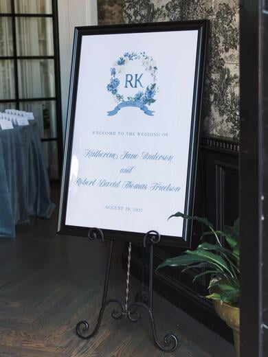 Wedding Welcome Sign with Shades of Blue and Ivory Water Color Monogram Wreath
