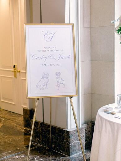 Wedding Welcome Sign with Sketched Pets in Lavender