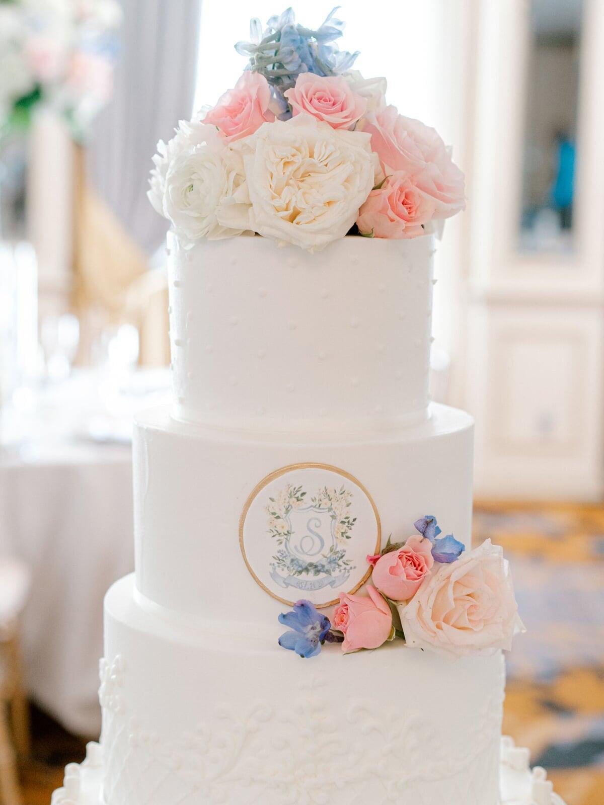 Blue Water Color Custom Monogram Crest on Wedding Cake