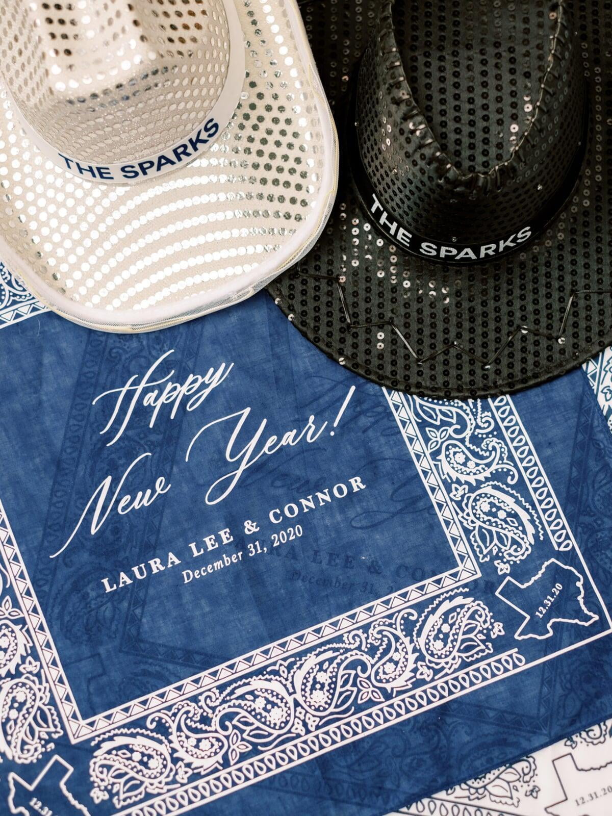 Custom New Years Eve Bandanas and Cowboy Hat Favors